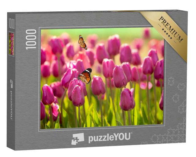 Puzzle 1000 Teile „Schöne Schmetterlinge und blühende Tulpen an einem sonnigen Frühlingstag“