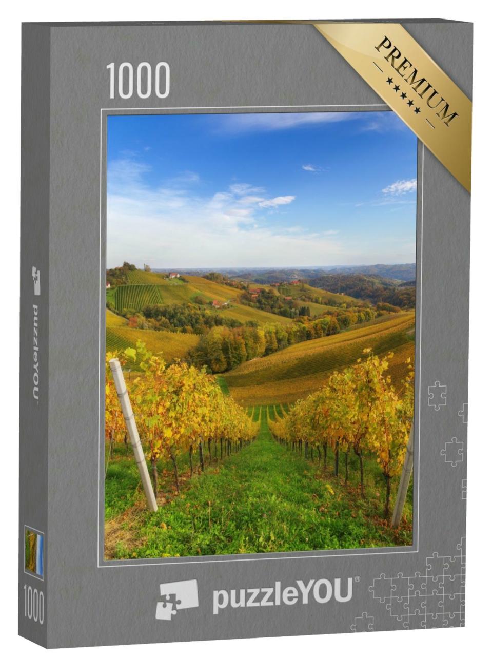 Puzzle 1000 Teile „Herbstszene: schöner Weinberg unter tiefblauem Himmel“