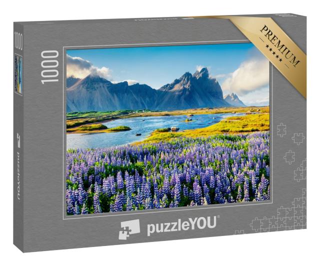 Puzzle 1000 Teile „Blühende Lupinen am Vestrahorn, isländische Küste“