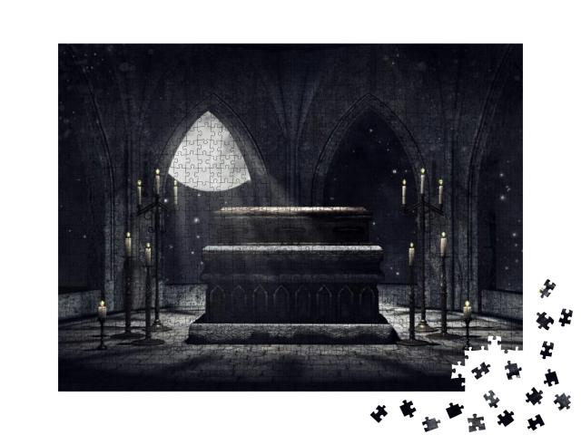 Puzzle 1000 Teile „Illustration: Dunkle Vampirgruft mit Kerzen und Mondlicht“