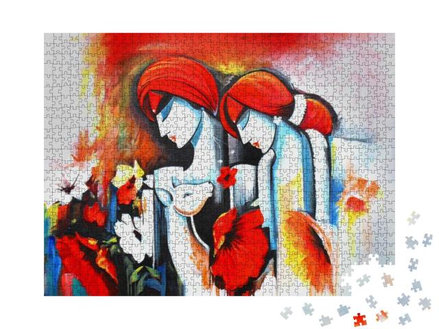 Puzzle 1000 Teile „Ölgemälde: Lord Radha Krishna mit Flöte“