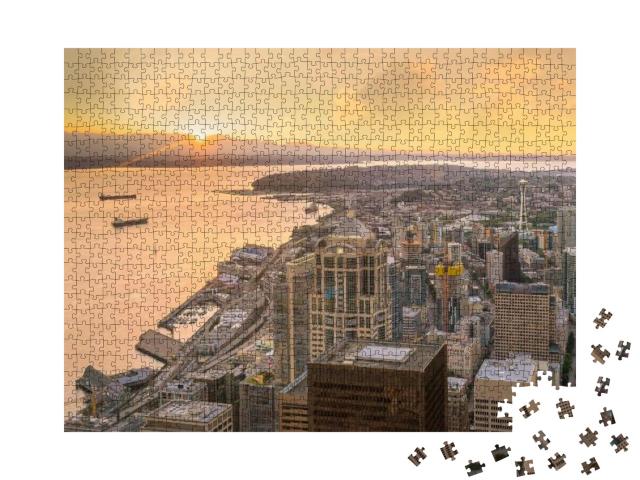 Puzzle 1000 Teile „Ruhiger Sonnenuntergang über Seattle im Staat Washington, USA“