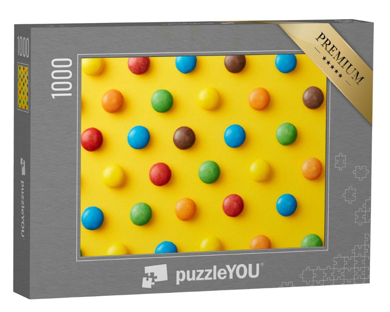Puzzle 1000 Teile „Bunte Süßigkeiten auf einem gelben Hintergrund von oben betrachtet“