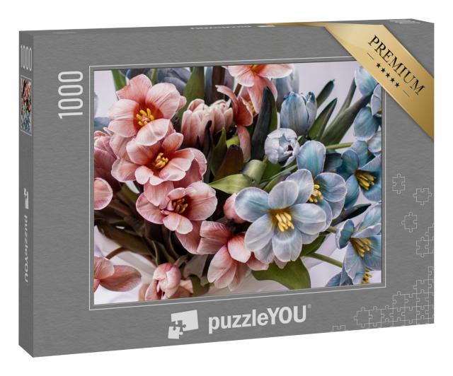 Puzzle 1000 Teile „Junger Mann hält zarten Blumenstrauß aus Tulpen, Muttertag“