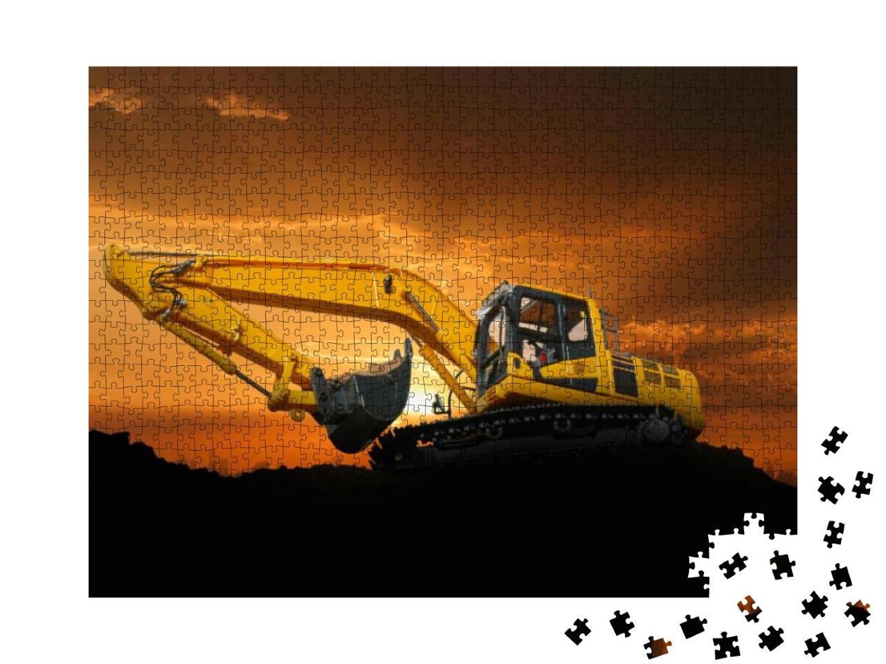 Puzzle 1000 Teile „Crawler Bagger auf einer Baustelle bei Sonnenuntergang“