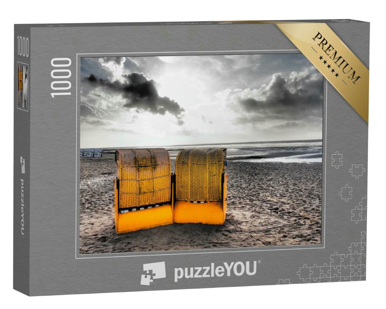 Puzzle 1000 Teile „Alte bunte Strandkörbe am Meer, Wolken“