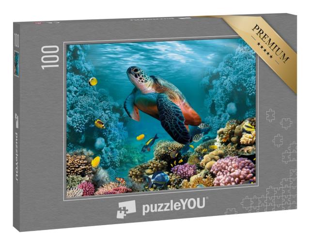 Puzzle 100 Teile „Unterwasserwelt mit einer eindrucksvollen Schildkröte und Korallen“