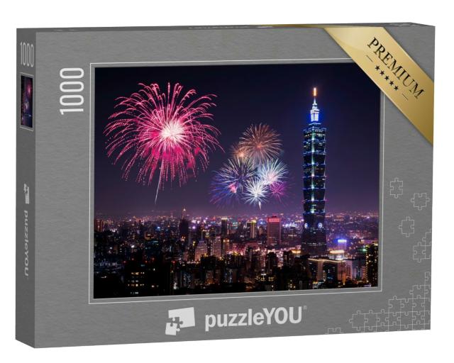 Puzzle 1000 Teile „Skyline mit Feuerwerk, Nachtleben, Blick auf Taipeh“