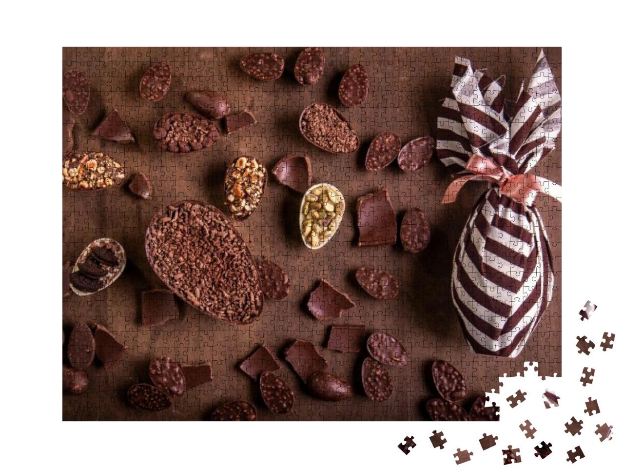 Puzzle 1000 Teile „Kleine gefüllte Schokoladen-Ostereier, Pralinen und ein verpacktes Osterei“