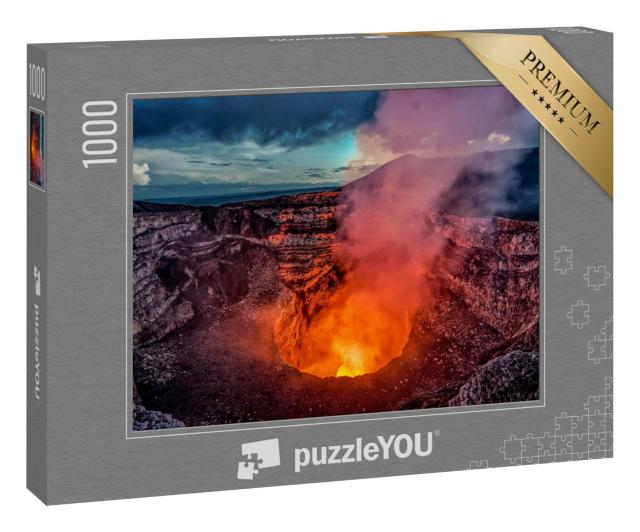 Puzzle 1000 Teile „Vulkankraterausbruch mit fließender Lava und Rauch, Masaya bei Managua, Nicaragua“