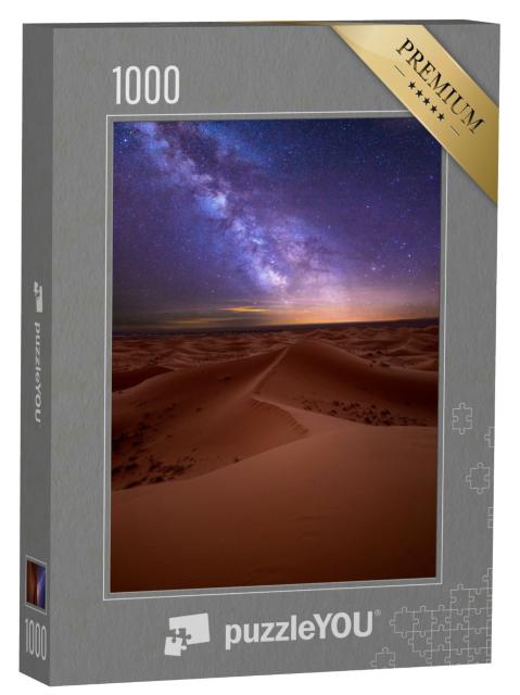 Puzzle 1000 Teile „Erstaunliche Milchstraße über den Dünen Erg Chebbi in der Sahara-Wüste in Marokko“