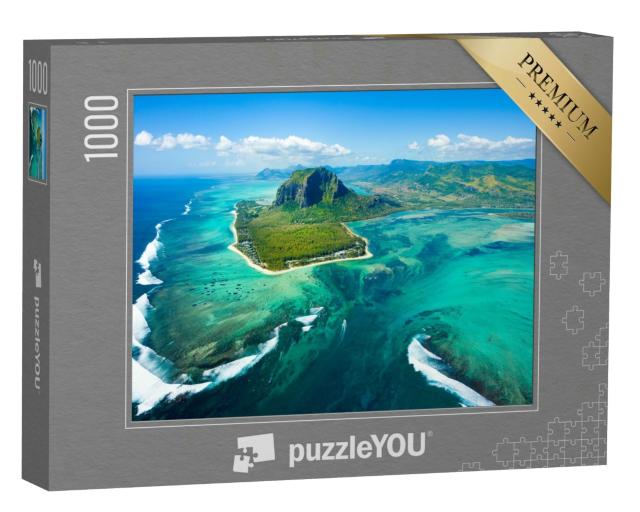 Puzzle 1000 Teile „Beeindruckende Luftaufnahme des Inselpanoramas und Unterwasser-Wasserfalls von Mauritius“