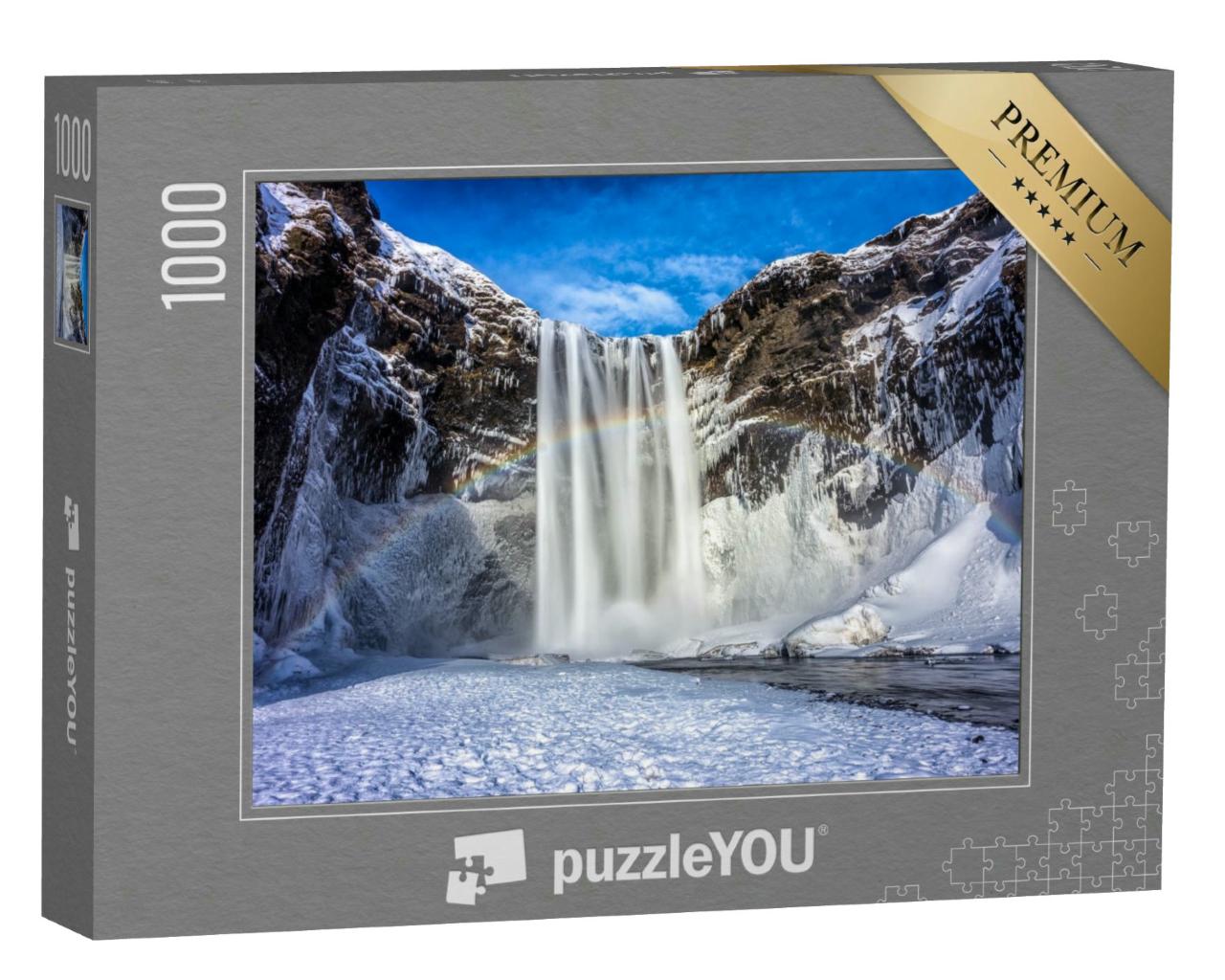 Puzzle 1000 Teile „Berg, Wasserfall Seljalandsfoss im Süden Islands im Winter, Schnee“