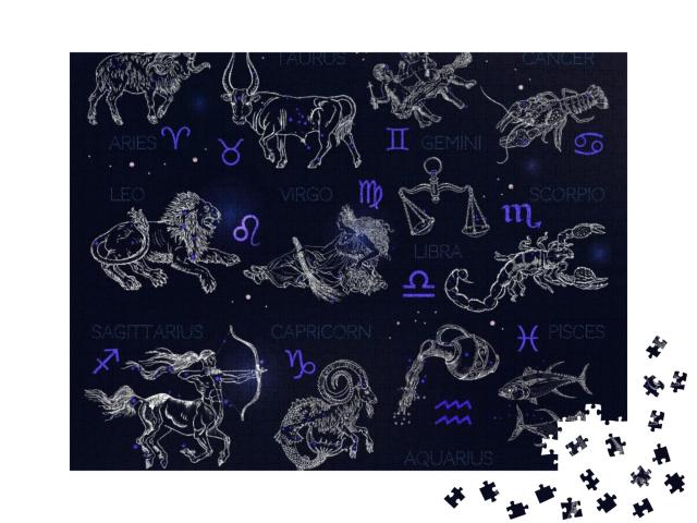 Puzzle 1000 Teile „Konstellationen, Tierkreiszeichen, Horoskope, Vintage-Gravur-Stil“