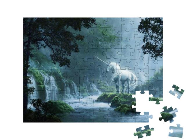 Puzzle 100 Teile „Ein schönes Einhorn in einem magischen Wald, digitale Illustration“