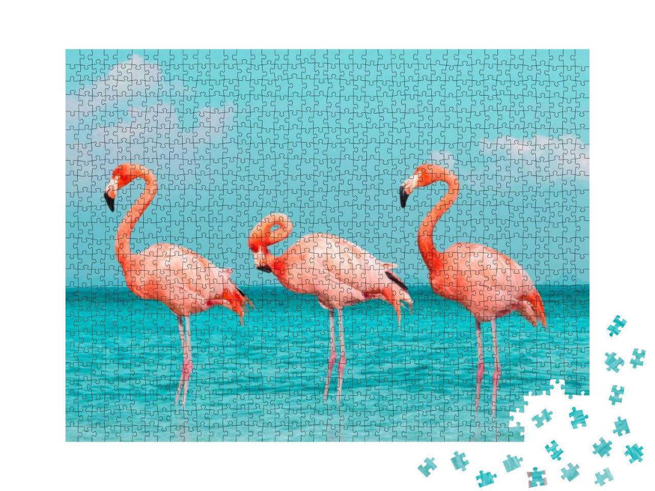 Puzzle 1000 Teile „Flamingos im blauen Meer“