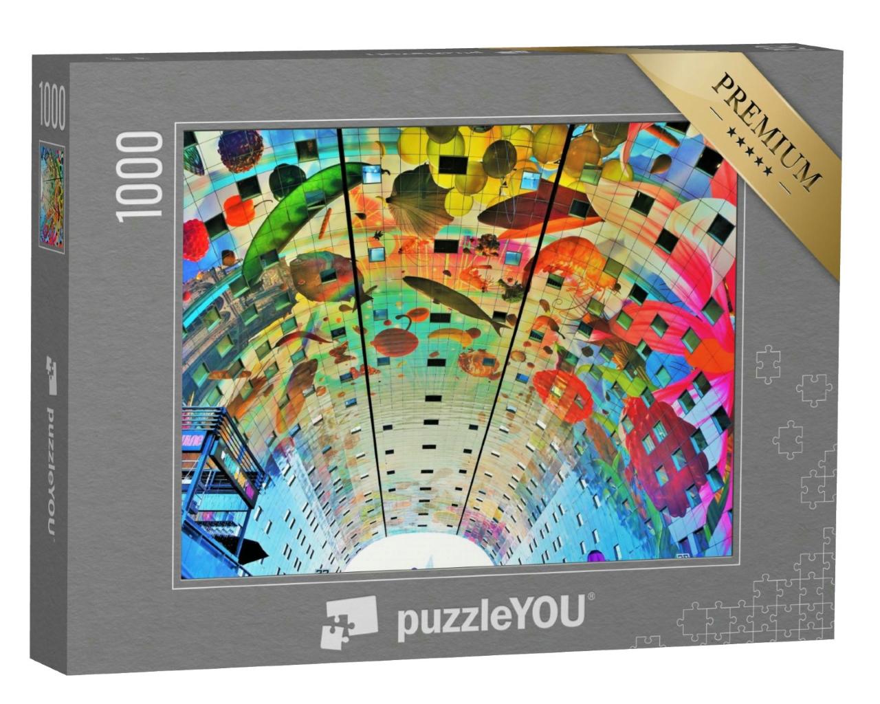 Puzzle 1000 Teile „Bunt bemalte Gewölbedecke Markthalle im Zentrum von Rotterdam, Niederlande“