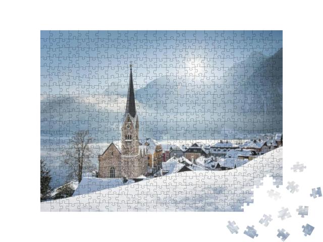 Puzzle 500 Teile „Bezauberndes Bergdorf Hallstatt im Winter, Österreich“