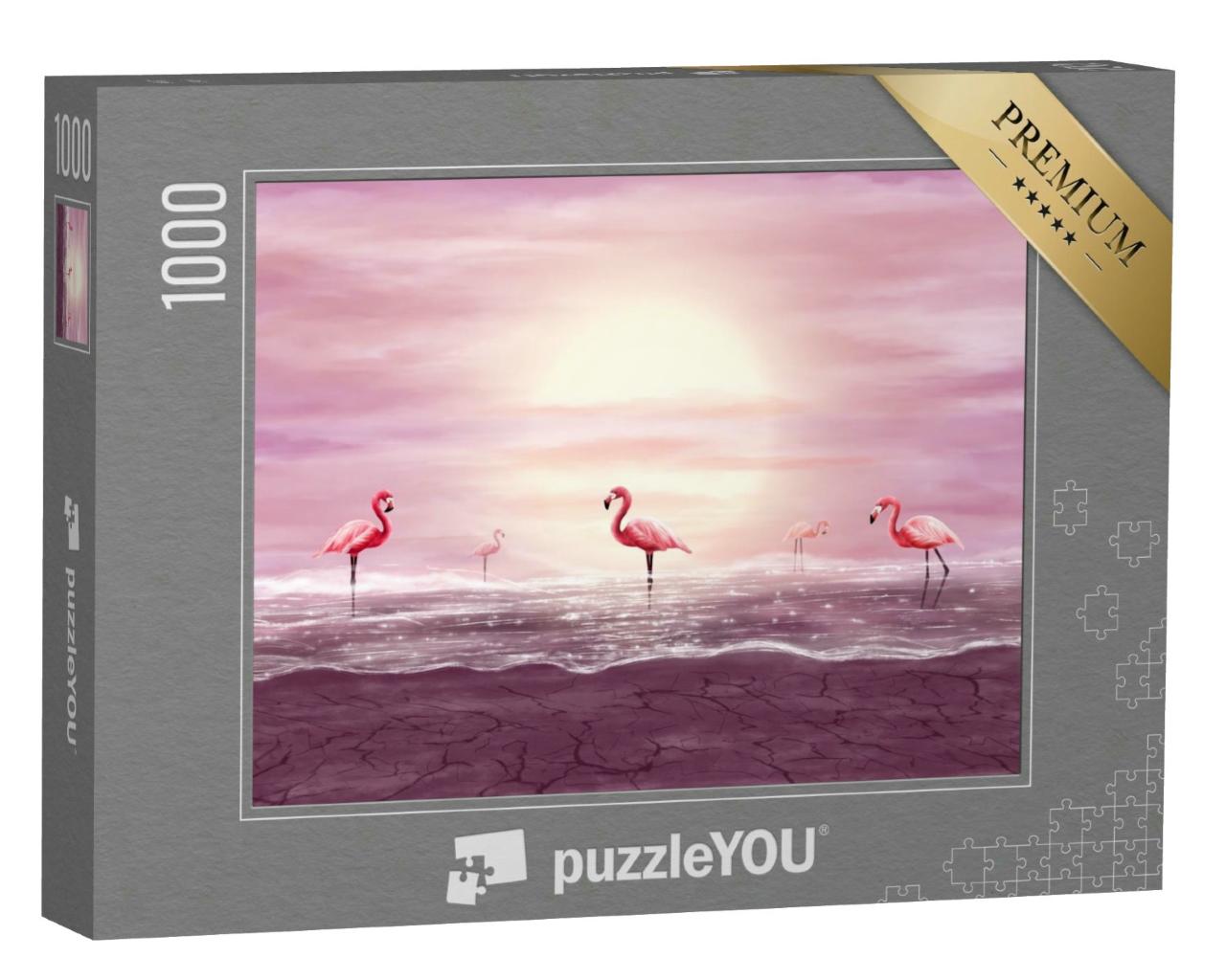 Puzzle 1000 Teile „Digitale Kunst: Rosa Flamingos in glitzerndem Wasser“