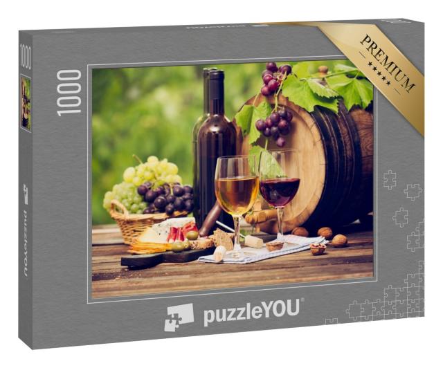 Puzzle 1000 Teile „Wein und Käse auf einem Holztisch, Weinfass, Gläser, Flaschen“