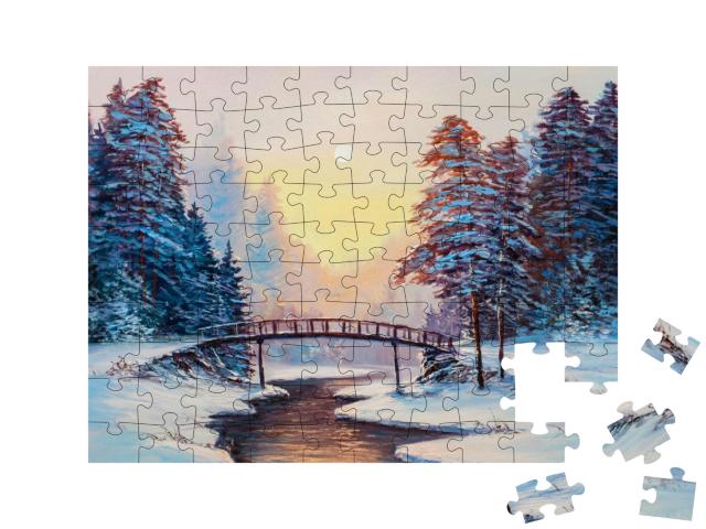 Puzzle 100 Teile „Winterlandschaft mit Fluss, Original-Ölgemälde“