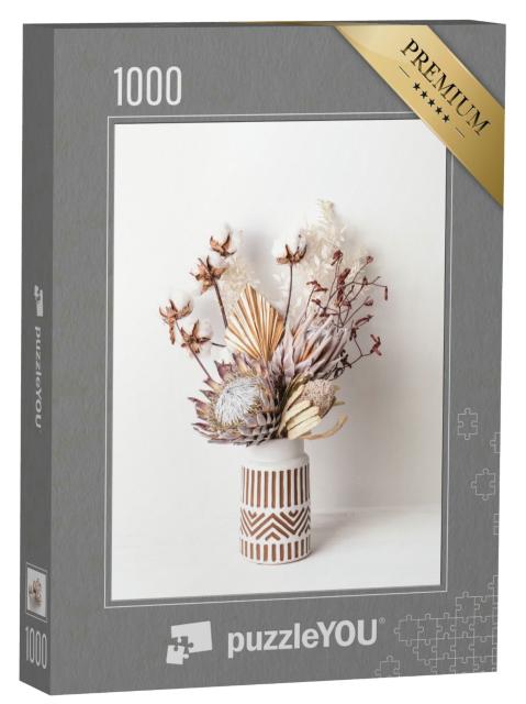 Puzzle 1000 Teile „Trockenblumenarrangement in einer stilvollen weißen Keramikvase“