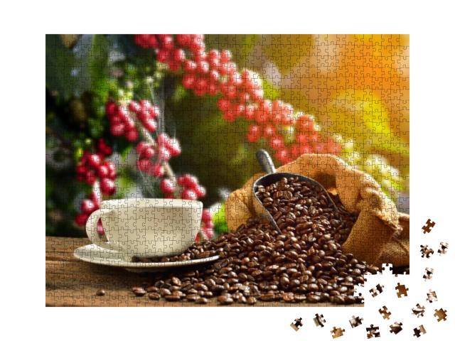 Puzzle 1000 Teile „Dampfende Tasse Kaffee mit Kaffeebohnen“