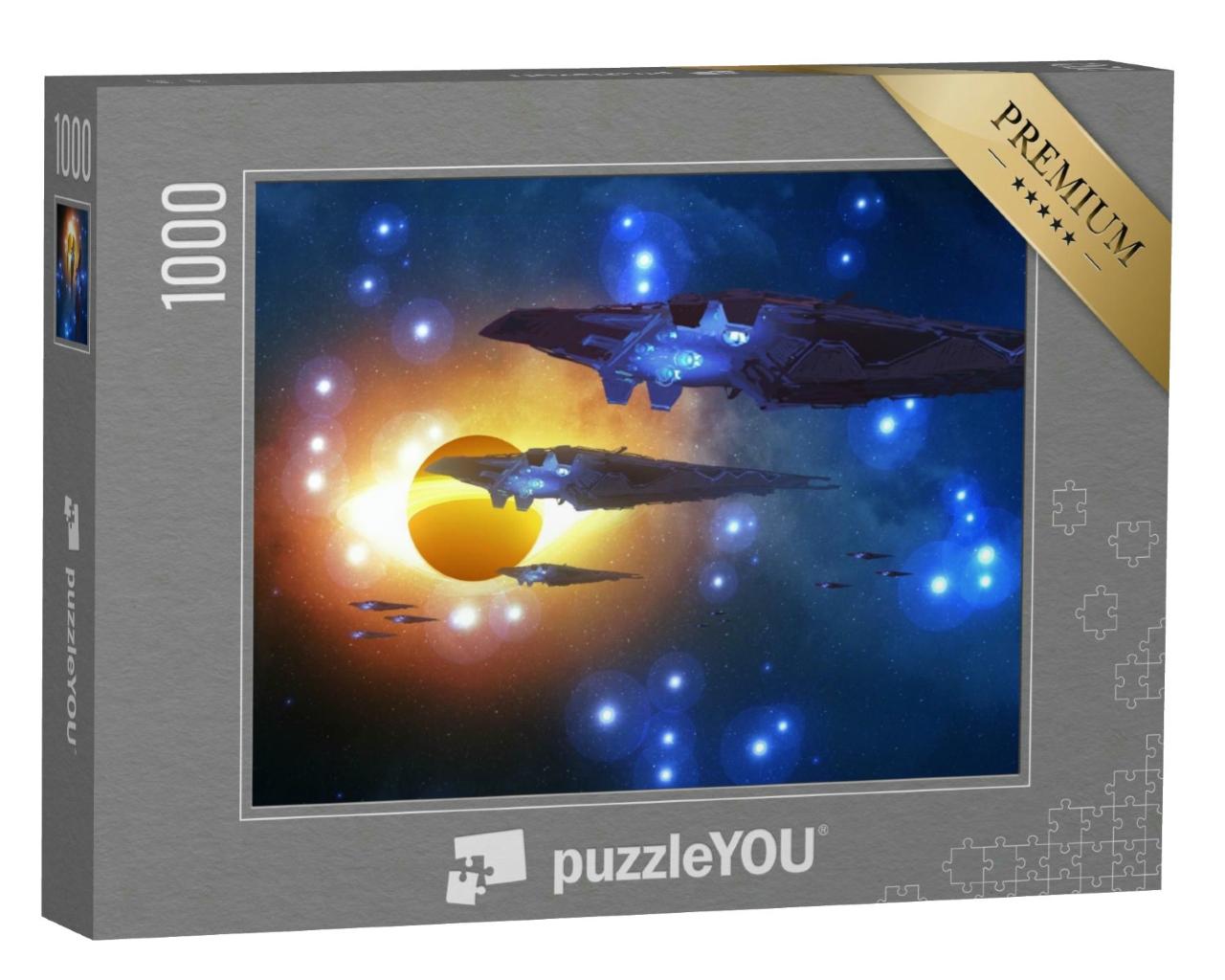 Puzzle 1000 Teile „Digitale Kunst: Science-Fiction-Szenerie mit Raumschiffen im Weltraum“