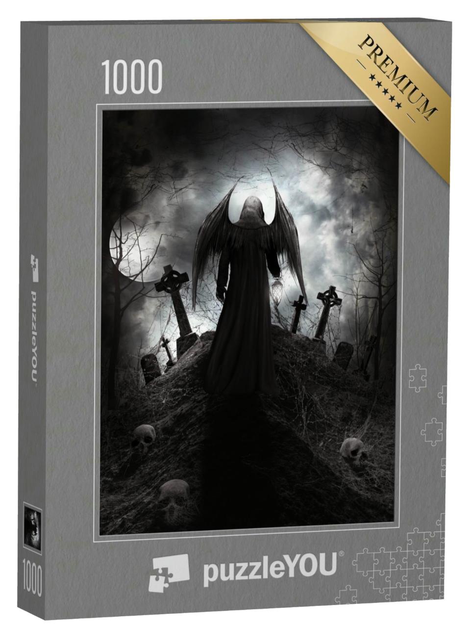 Puzzle 1000 Teile „Illustration: Gothic-Figur mit Grabsteinen und Totenköpfen“