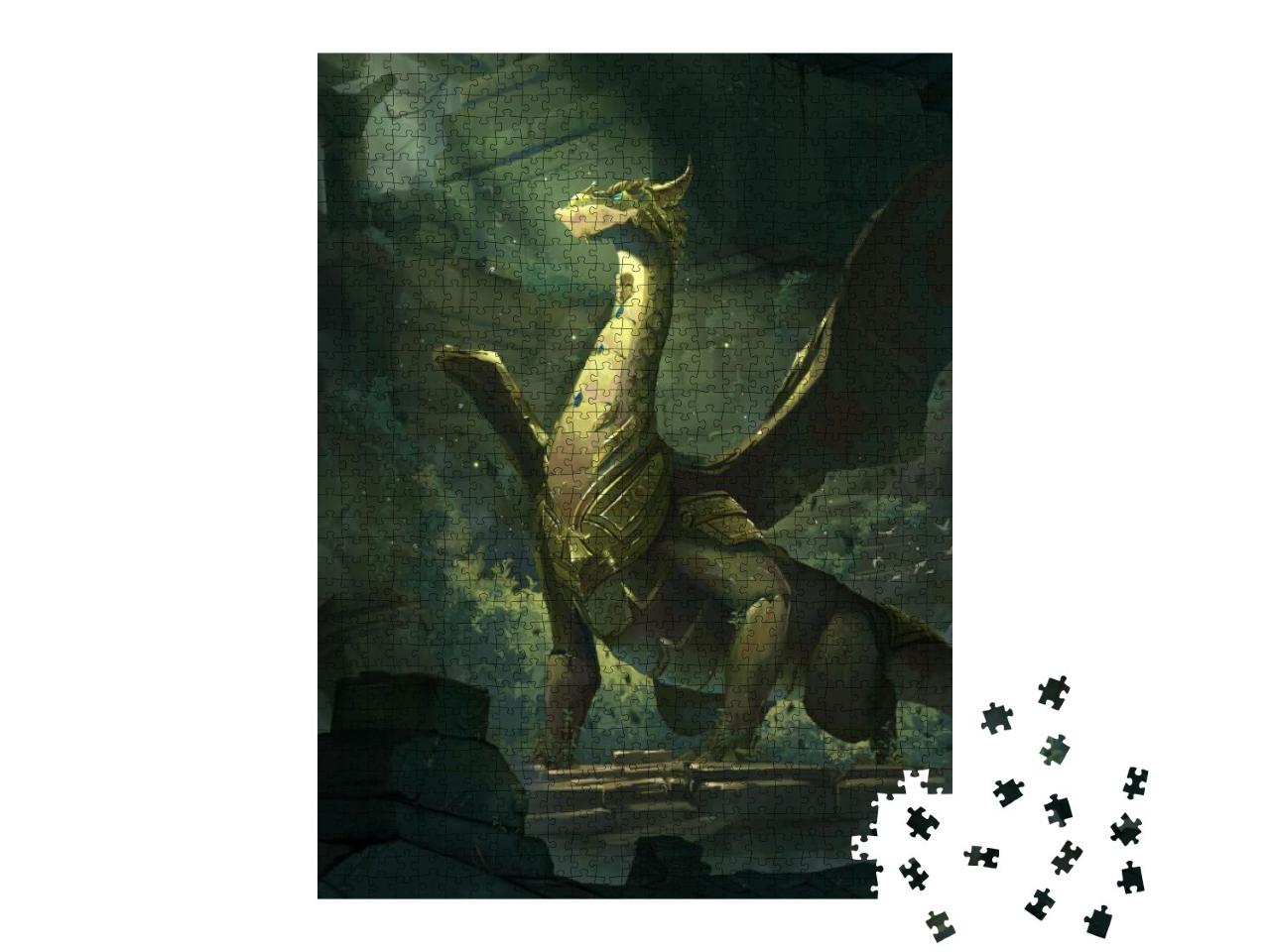Puzzle 1000 Teile „Künstlerische Illustration eines Drachen vor Ruinen“
