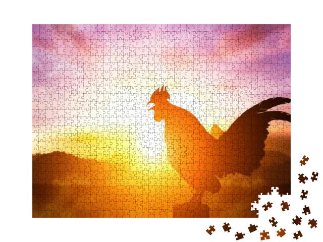 Puzzle 1000 Teile „Silhouette eines krähenden Hahnes im strahlenden Sonnenaufgang“