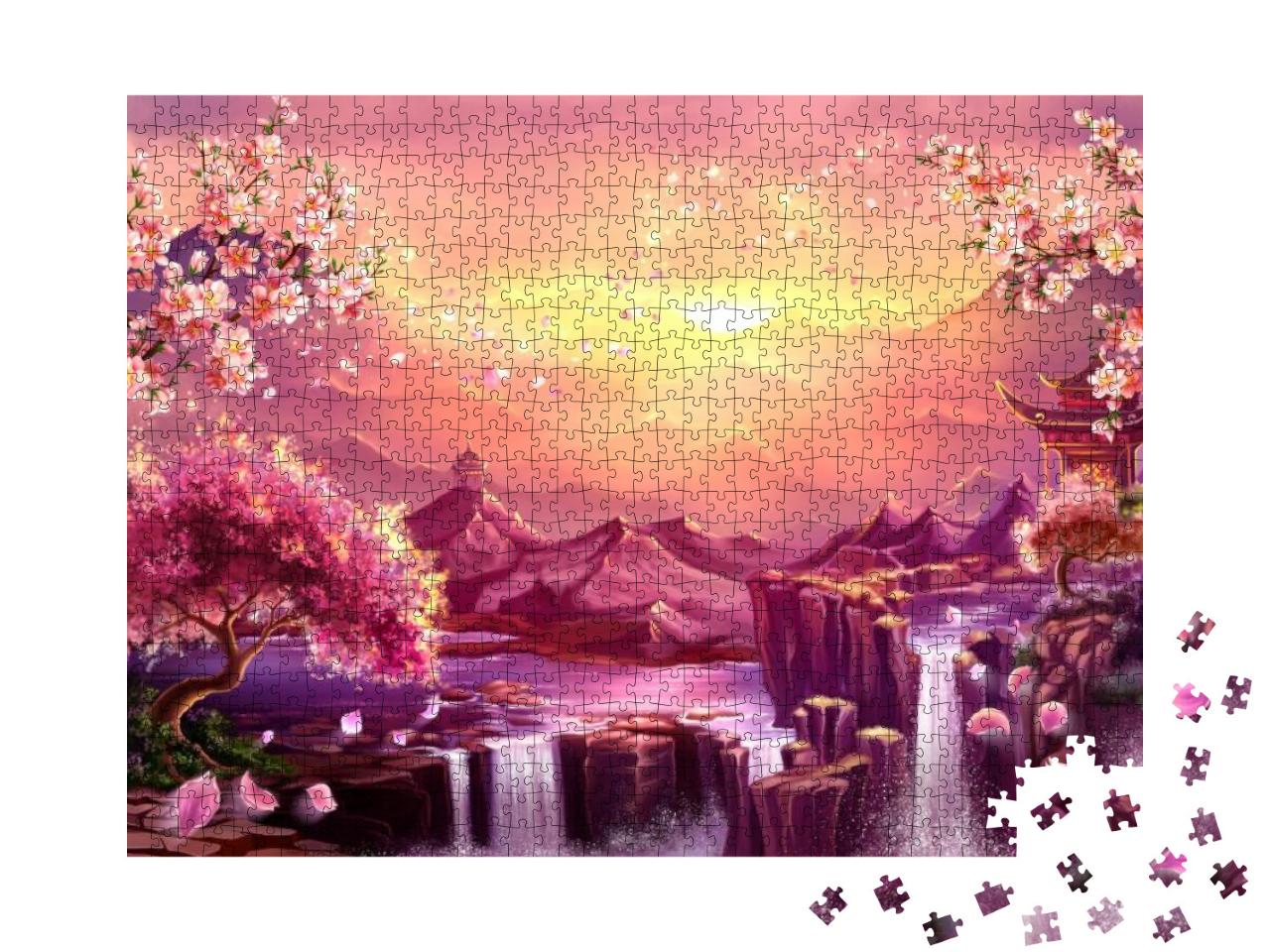 Puzzle 1000 Teile „Digitale Kunst: Japanische Kirschblüte in der Dämmerung der Berge“