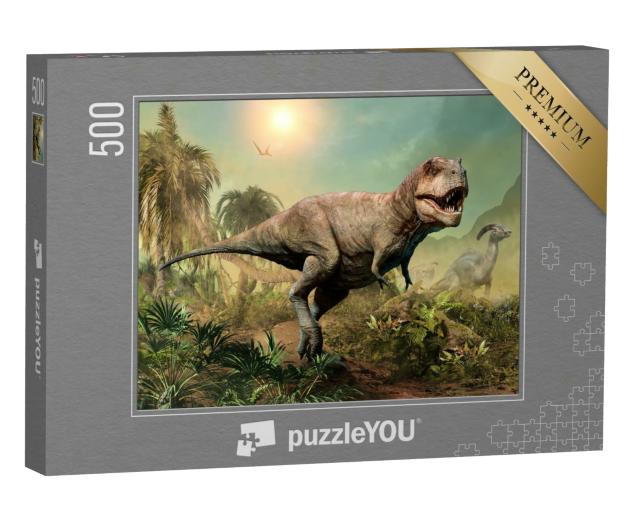 Puzzle 500 Teile „Tyrannosaurus rex, 3D-Illustration einer Szene“