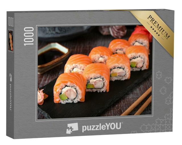 Puzzle 1000 Teile „Philadelphia-Rolle, Sushi mit Lachs, Garnele und Avocado, Sushi-Menü“