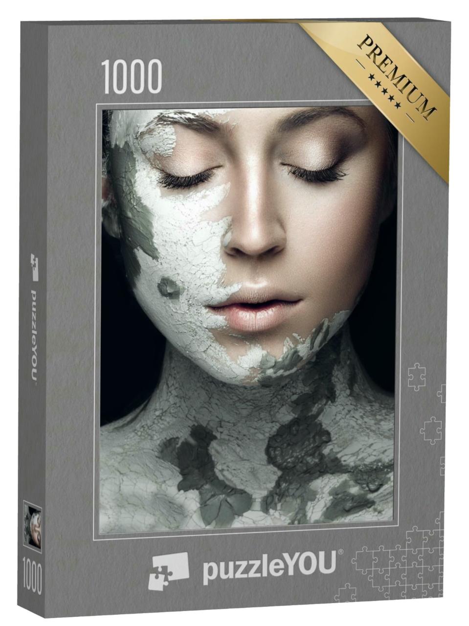 Puzzle 1000 Teile „Ästhetische Fotografie: Frau mit mineralischer Maske, schwarz-weiß“