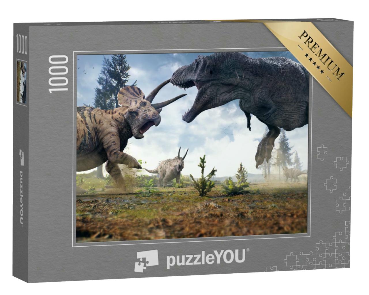 Puzzle 1000 Teile „3D-Rendering des Tyrannosaurus Rex im Kampf gegen eine Triceratops-Herde“