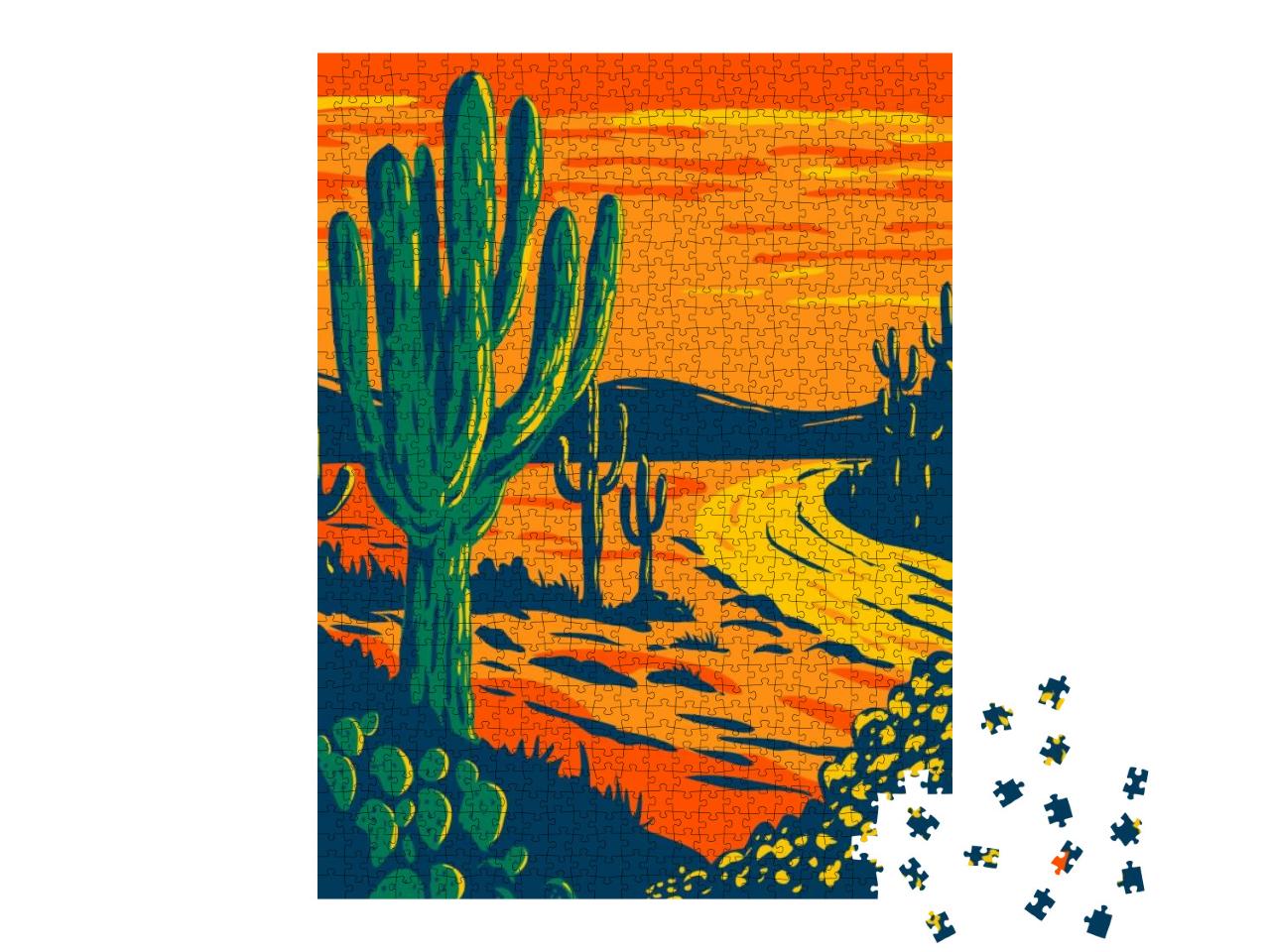 Puzzle 1000 Teile „Illustration: Saguaro-Kaktus in der Abenddämmerung, Tucson Arizona-Nationalpark“