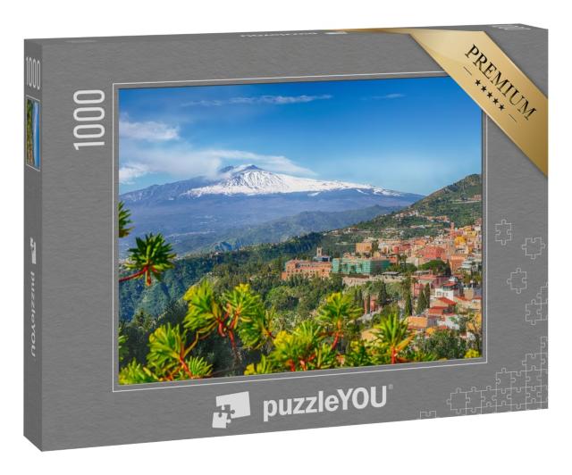 Puzzle 1000 Teile „Vulkan Ätna und Taormina Stadt, Sizilien, Italien“