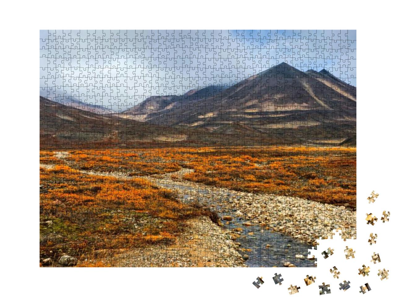 Puzzle 1000 Teile „Herbstlandschaft: arktische Natur, kleiner Fluss inmitten der Tundra, Sibirien“