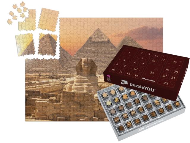 Puzzle-Adventskalender „Weltwunder aus Ägypten: Pyramiden mit Sphinx, Gizeh“