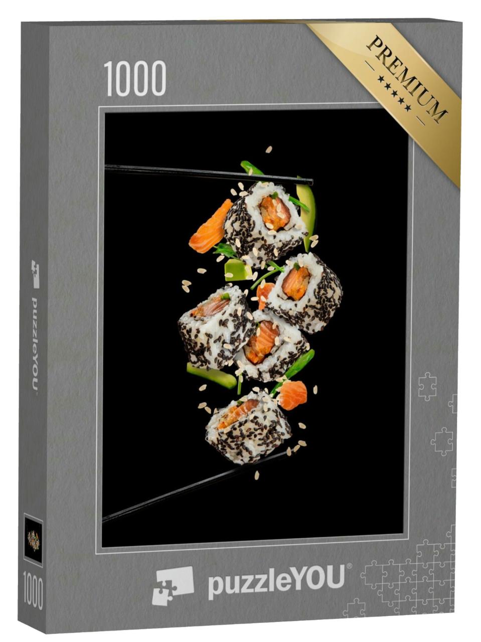 Puzzle 1000 Teile „Sushi-Stücke zwischen Stäbchen platziert vor schwarzem Hintergrund“