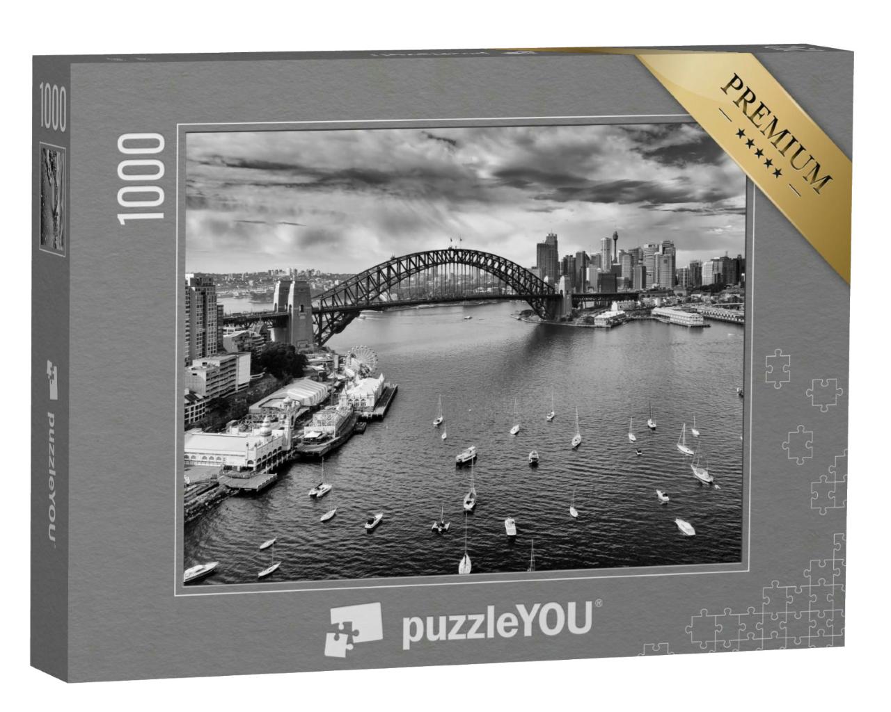 Puzzle 1000 Teile „Sydney, im Mittelpunkt die Harbour Bridge, schwarz-weiß“