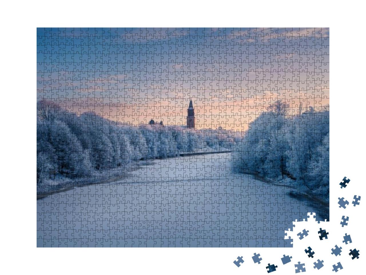 Puzzle 1000 Teile „Wunderschöne Winterlandschaft am gefrorenen Aurajoki Fluss, Turku, Finnland“
