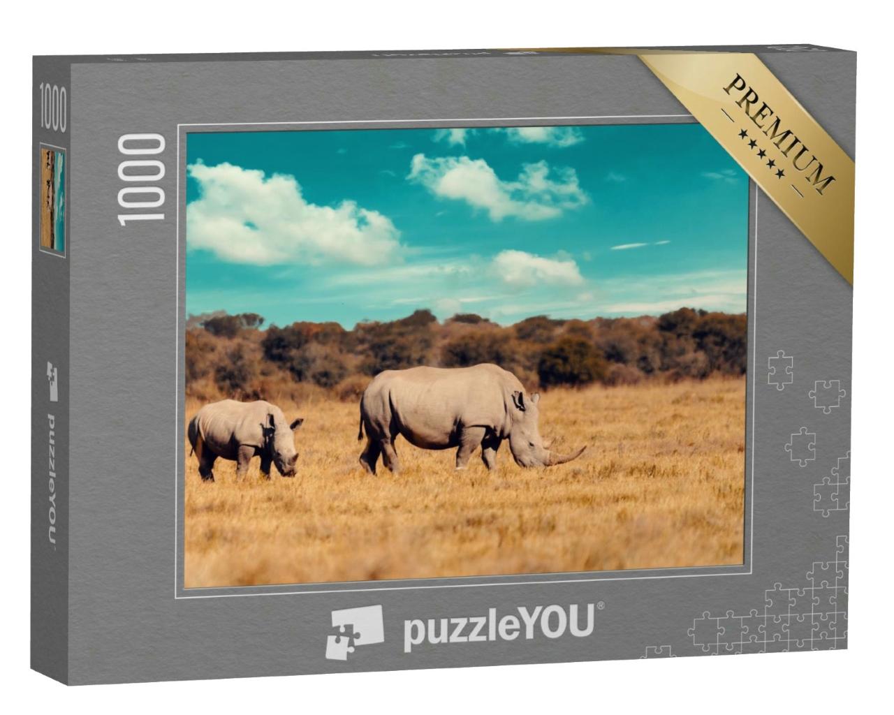 Puzzle 1000 Teile „Nashorn-Familie, Mutter mit Baby des Breitmaulnashorns, Botswana“