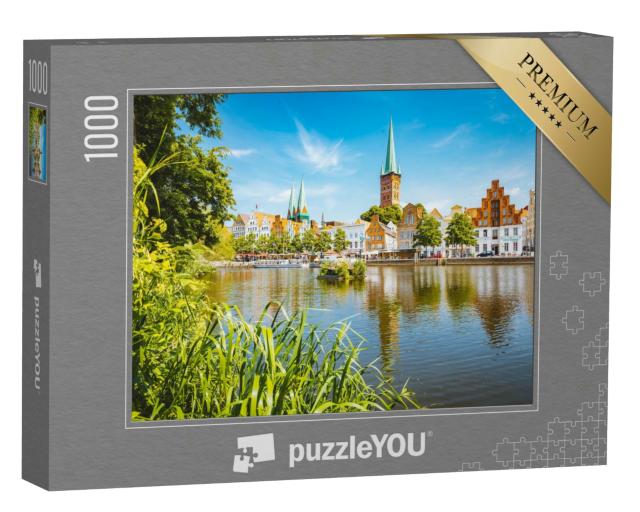 Puzzle 1000 Teile „Panoramablick auf Lübeck mit Trave, Schleswig-Holstein, Deutschland“