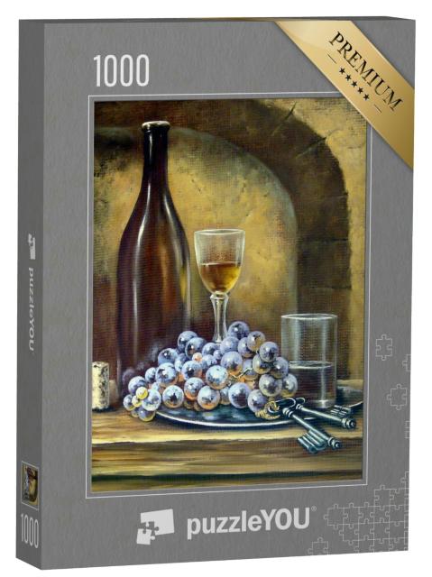 Puzzle 1000 Teile „Ölgemälde, klassisches Stillleben mit Wein und Trauben“