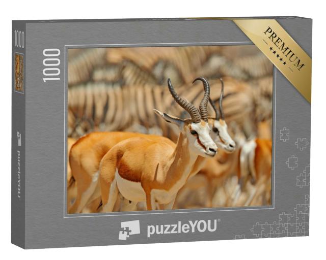 Puzzle 1000 Teile „Große Gruppe von Tieren an einem Wasserloch, Namibia“