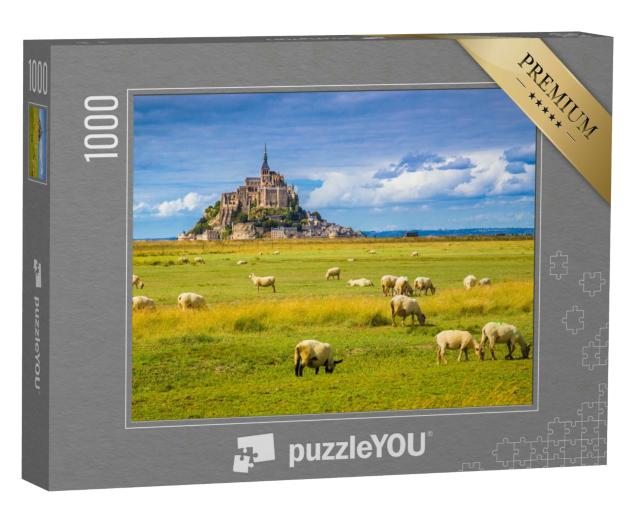 Puzzle 1000 Teile „Le Mont Saint-Michel mit Schafen auf grünen Weisen, Normandie, Frankreich“