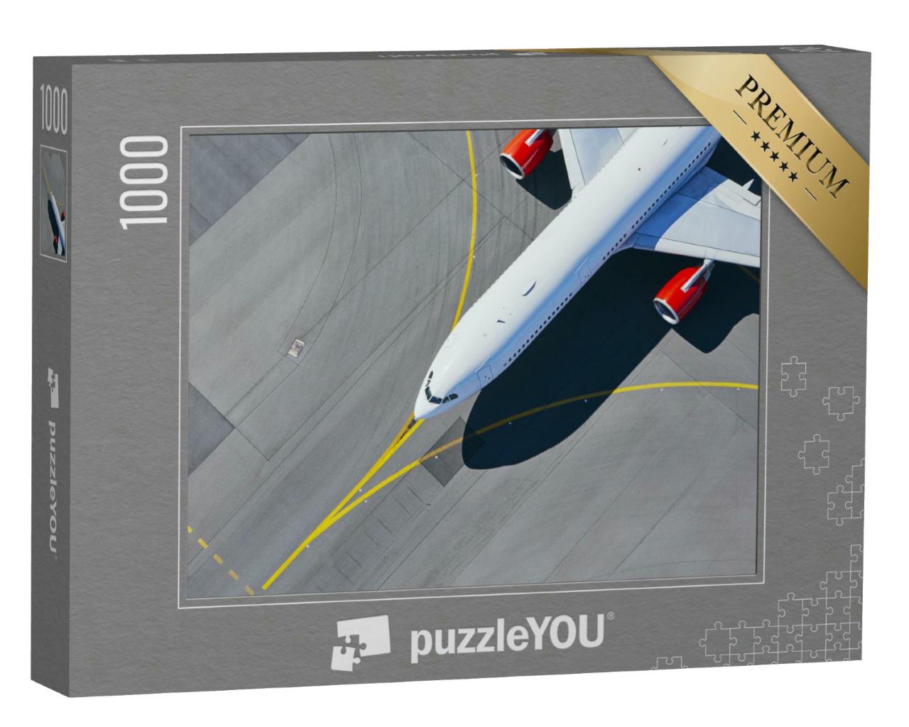 Puzzle 1000 Teile „Blick aus der Vogelperspektie: Flugzeug auf dem Weg zur Startbahn“