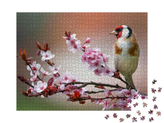 Puzzle 1000 Teile „Stieglitz, Carduelis carduelis, Vogel auf einer rosa Blüte“